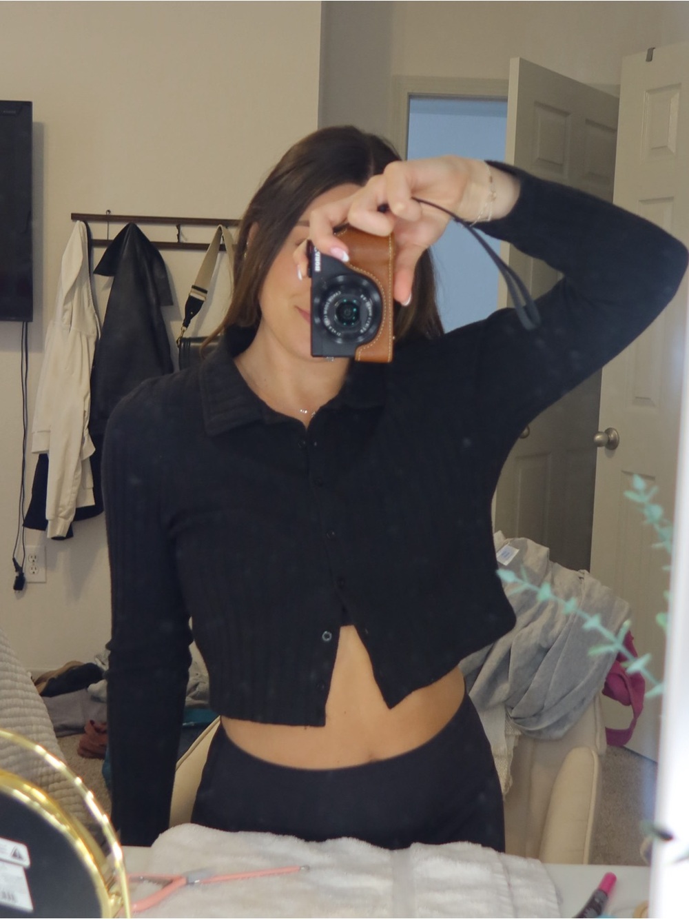 Black Cropped Ribbed Button-Up Cardigan